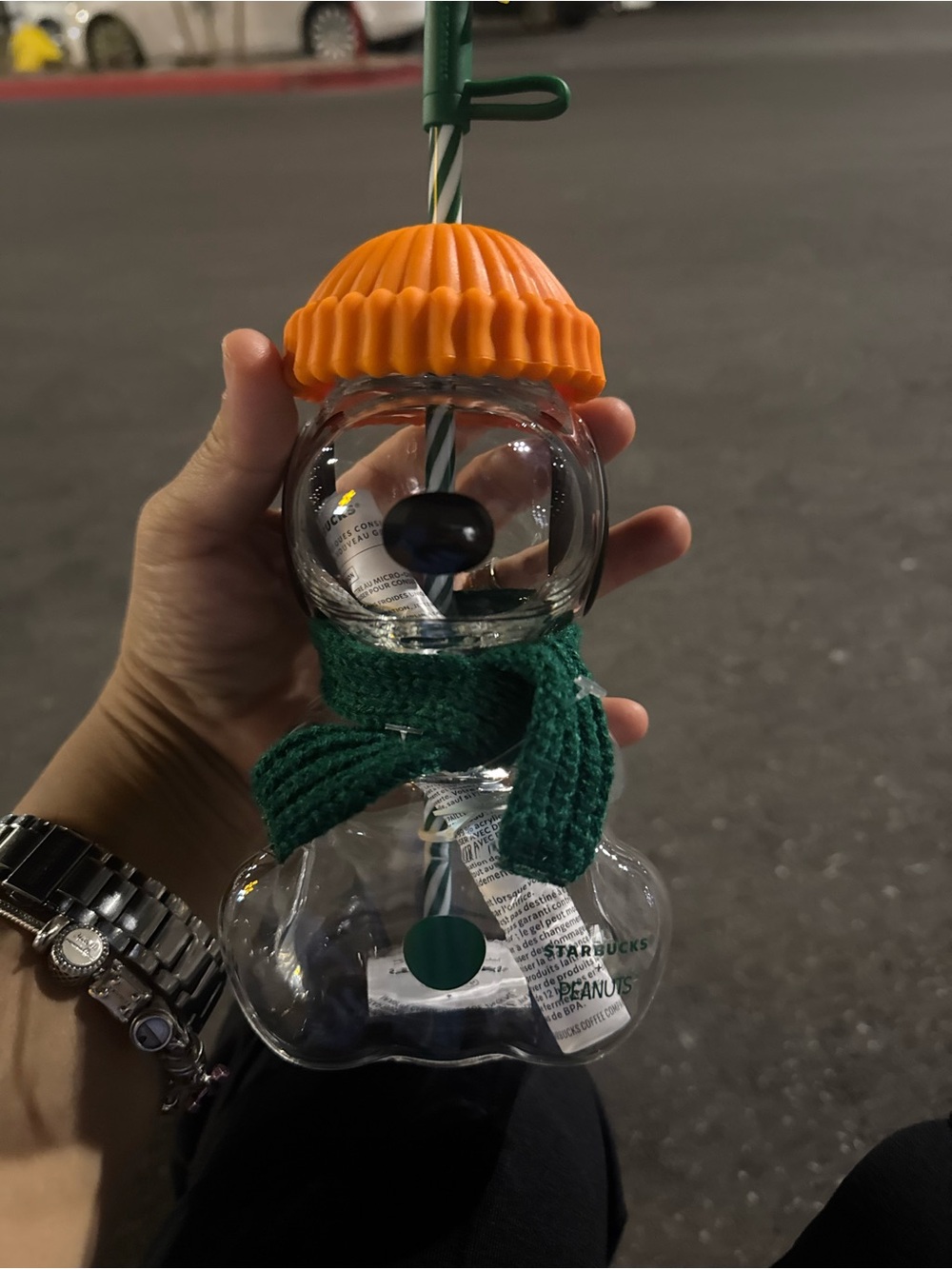 Starbucks Clear Snowman Kids Cup with Orange Hat and Green Scarf